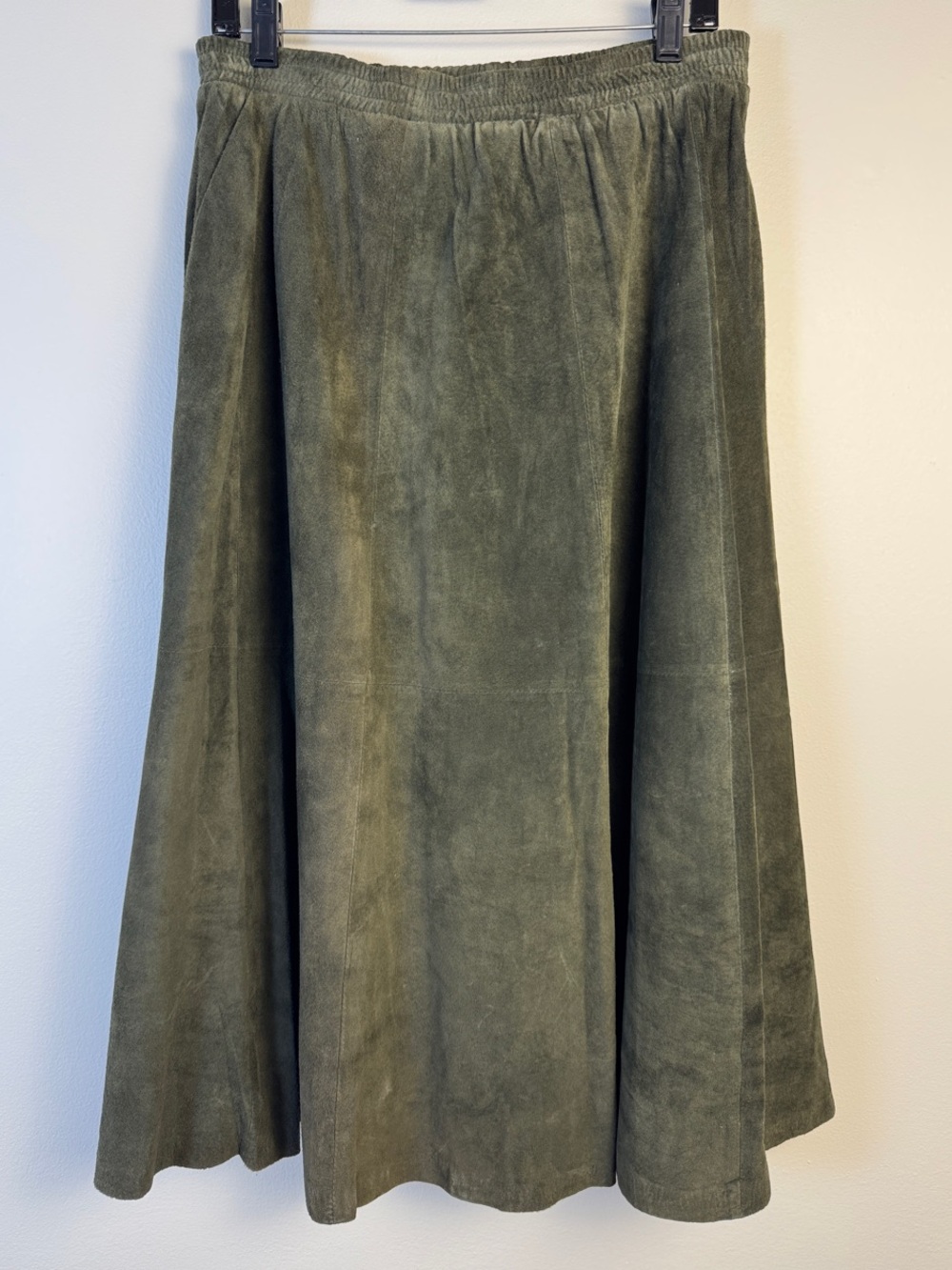 Vintage Lauren Alexandra Green Suede Leather Midi A Line Skirt 6